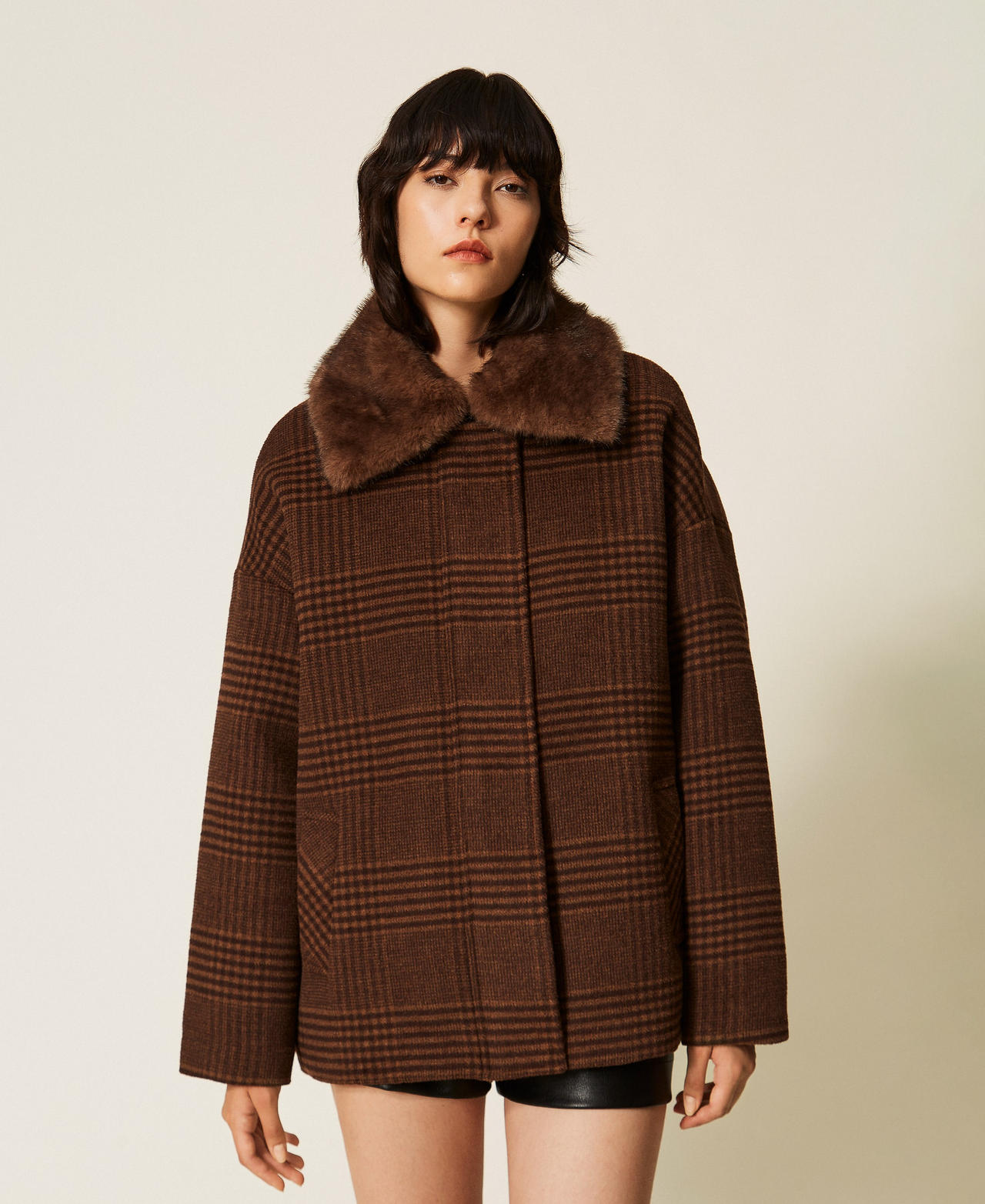 Caban in panno check con faux fur Check Toffee / Black Chocolate Donna 262AT2200_14037_01