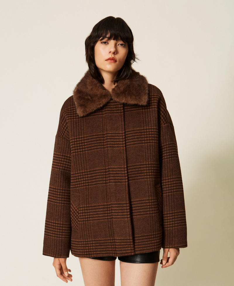 Caban in panno check con faux fur Check Toffee / Black Chocolate Donna 262AT2200_14037_01
