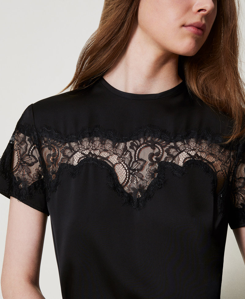 T-shirt in raso con pizzo Nero Donna 251TQ2013_00006_PD