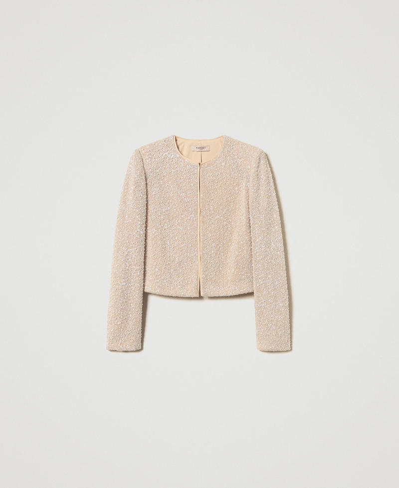 Jacket with sequins and pearls Snow/Delicate Beige Sequin & Pearl Embroidery Woman 251TP2202_12254_0S