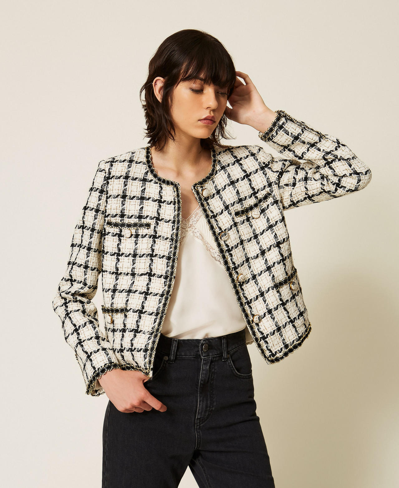 Blouson en boucl&eacute; &agrave; carreaux