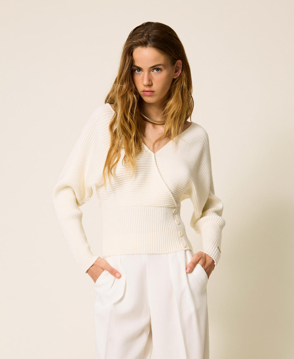 Rib knit cross front jumper Off White Woman 252LI3QBB_00526_01