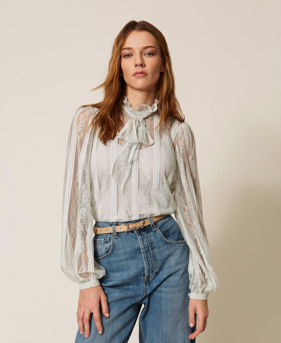Striped lace blouse with bow Aqua Blue Woman 261TP2541_13162_01