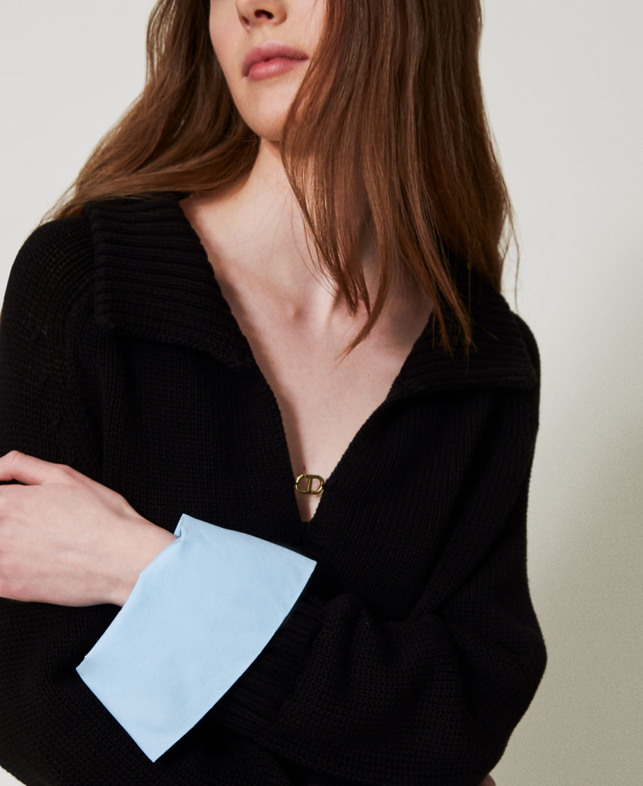 Cotton and poplin jumper Two-tone Black/Airy Blue Woman 251TE3050_12291_04