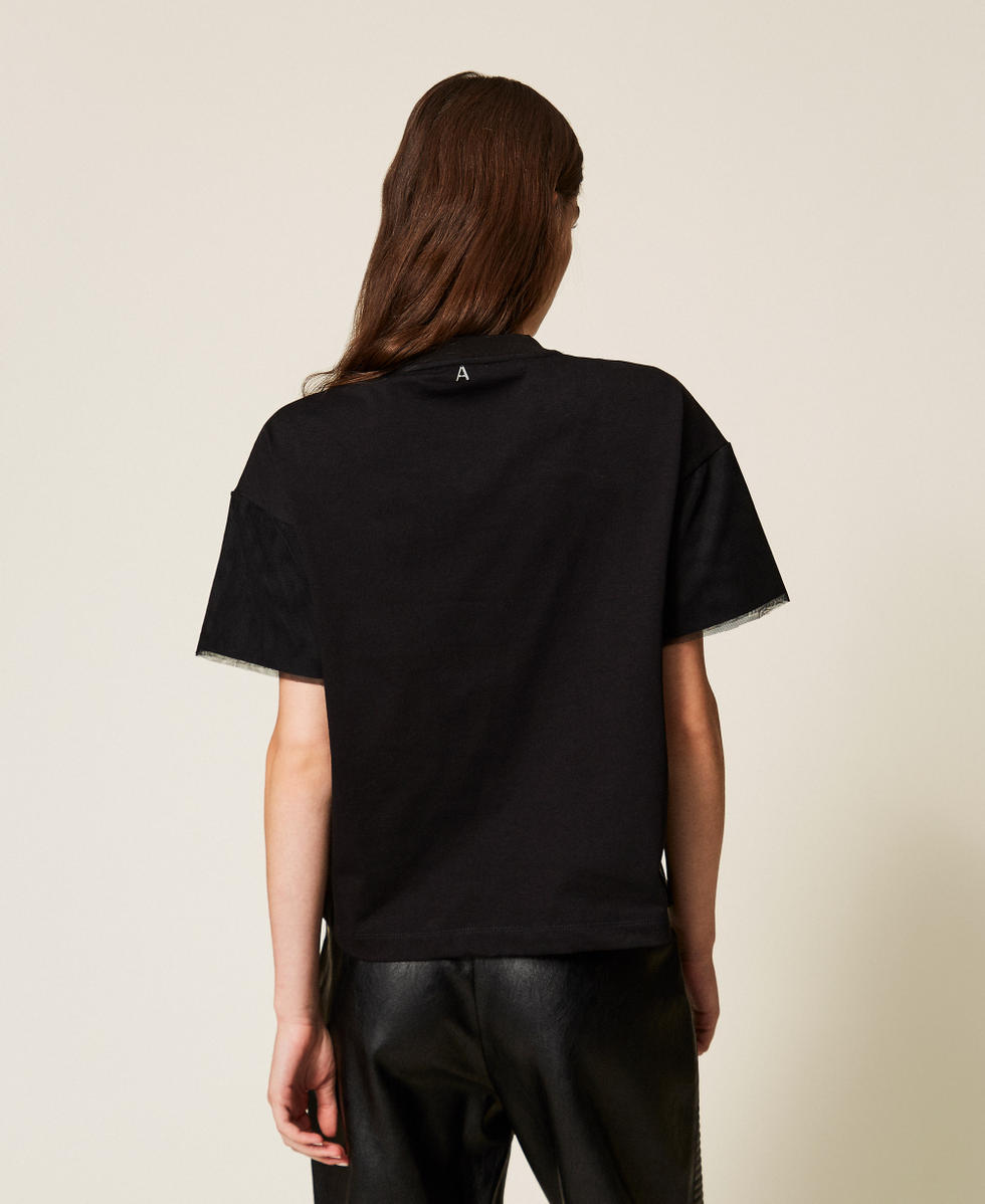 Regular fit T-shirt with tulle and embroidery Black Woman 252AT2150_00006_03