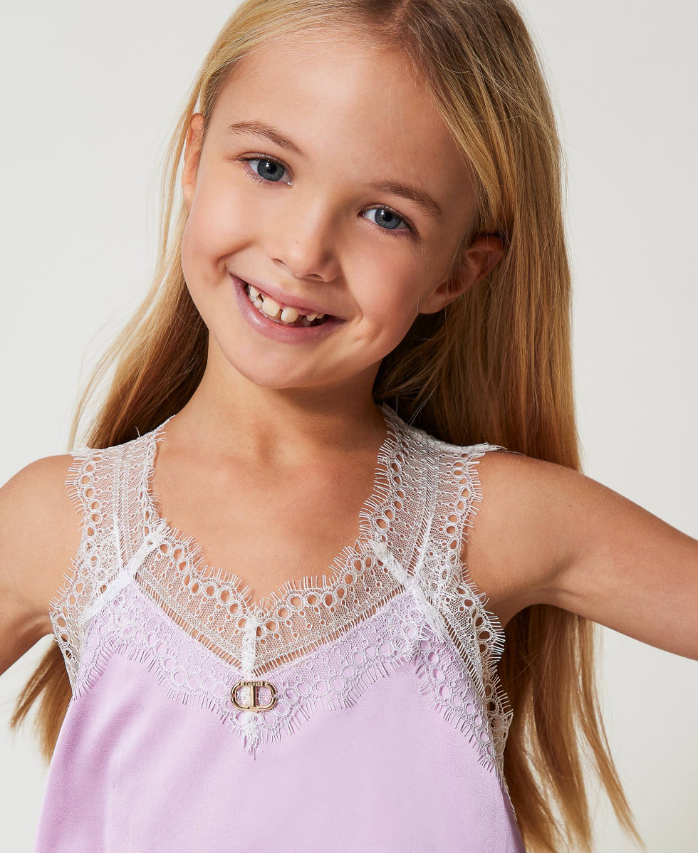 Satin and lace cropped top Two-tone Ice/Pastel Violet Girl 251GJ2454_12280_04