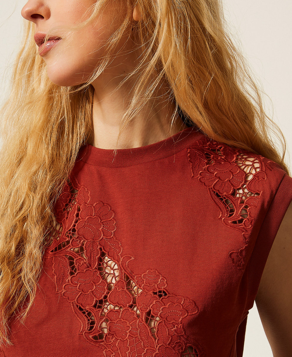 T-shirt avec broderie anglaise Marron &laquo;&nbsp;Henn&eacute;&nbsp;&raquo; Femme 261TT2050_13332_05