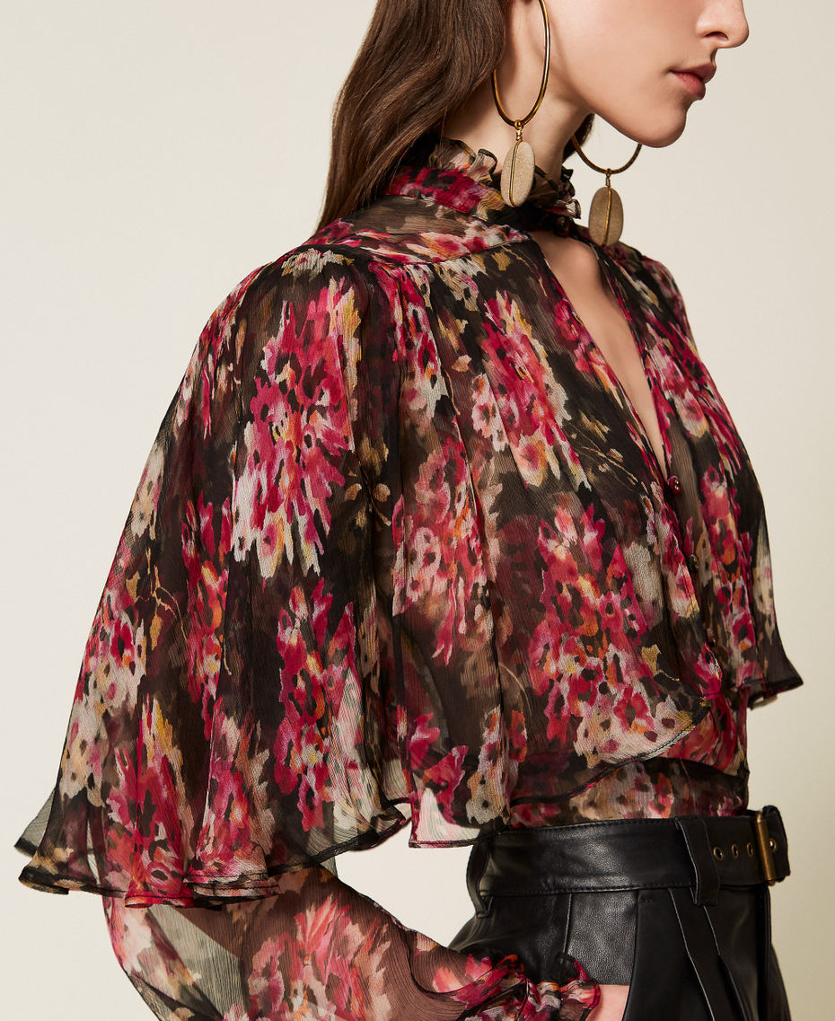 Silk creponne floral shirt Black/Magenta Floral Print Woman 252TS2351_13099_04