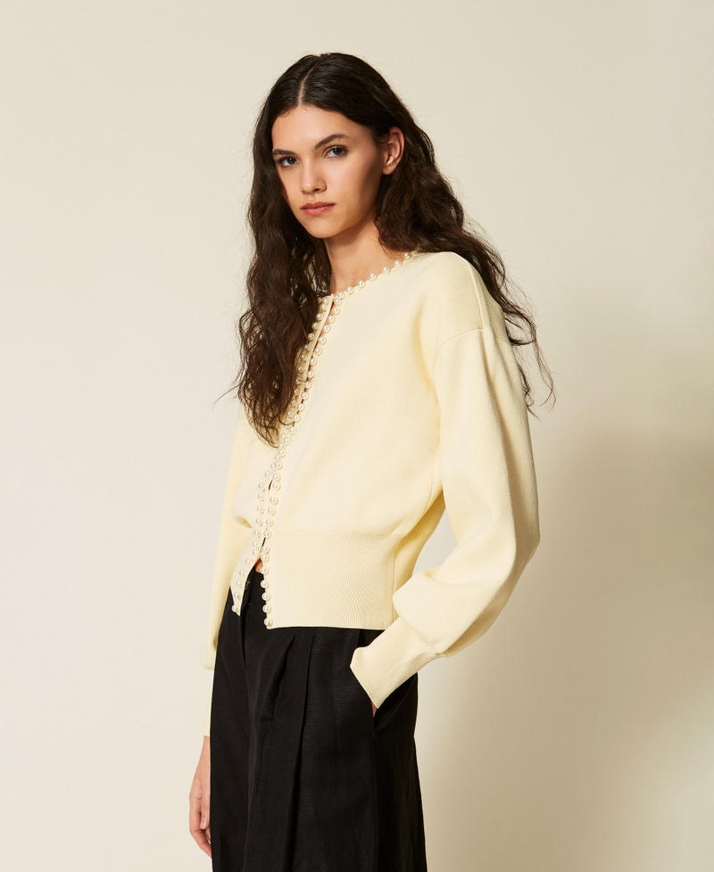 Cardigan avec perles brod&eacute;es Jaune &laquo;&nbsp;Double Cream&nbsp;&raquo; Femme 261LL3CBB_12842_02