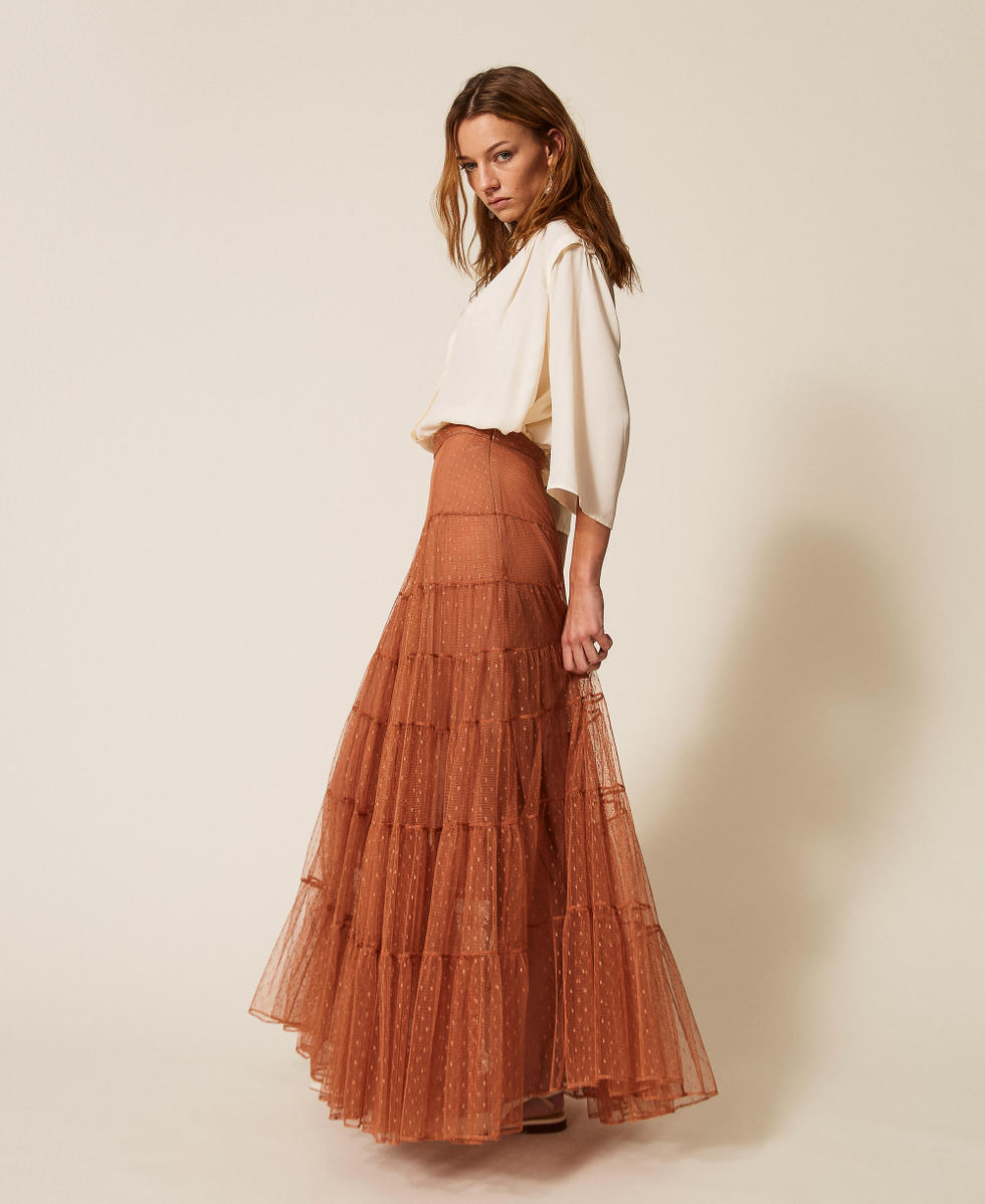 Jupe longue en tulle plumetis Marron &laquo;&nbsp;Mocha Mousse&nbsp;&raquo; Femme 261TP2773_13168_02
