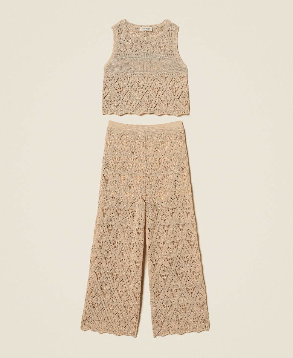Knit top and wide-leg trousers with diamond pattern Safari Beige Girl 261GJ3031_13191_S0