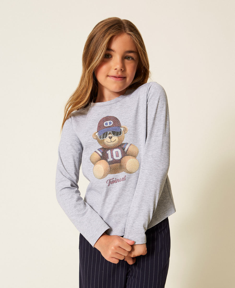 Shirt mit Print und Strass Helles Melangegrau M&auml;dchen 252GJ2321_11834_01