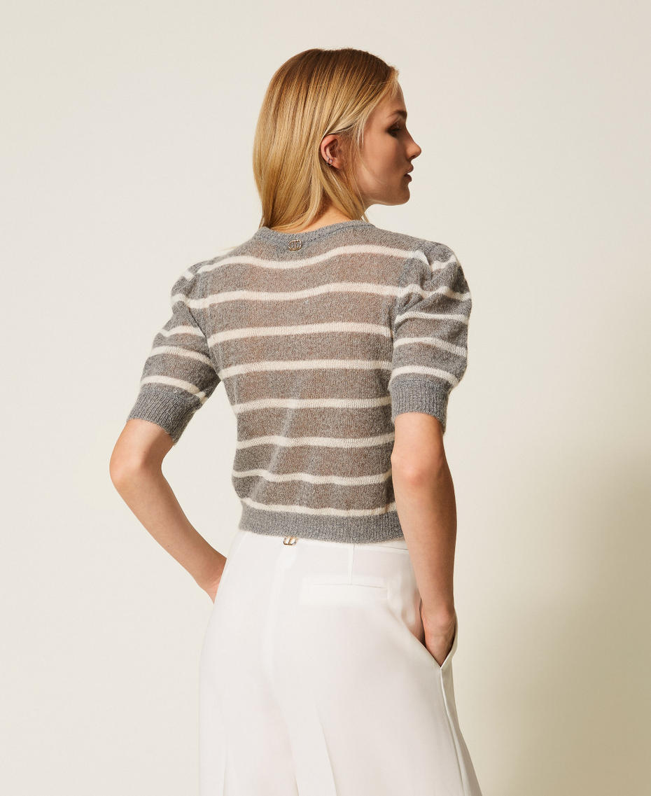 Pull en mohair mélangé avec dentelle Rayure Gris Chiné/Blanc « Neige » Femme 252TP3251_12756_04