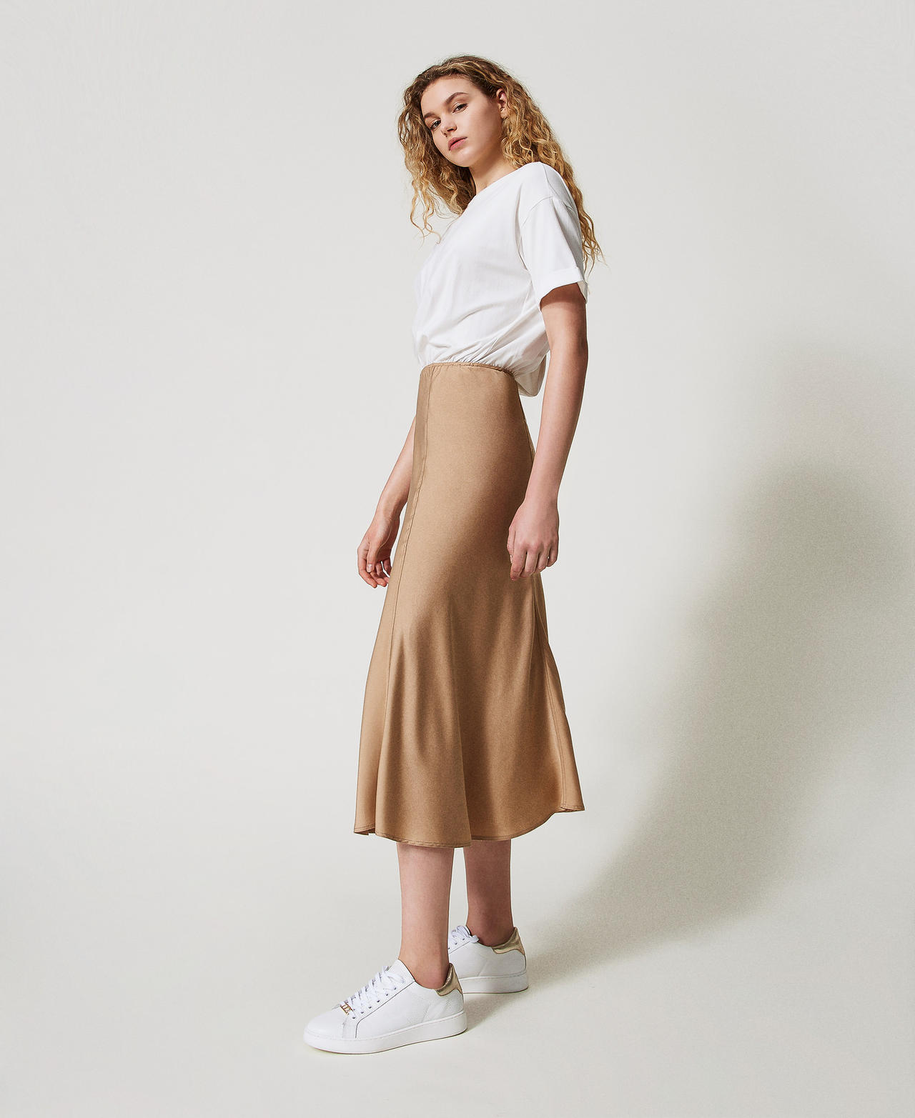 Long dress with satin skirt Two-tone Brown Box/White Cloud Woman 251LL2YCC_12274_02