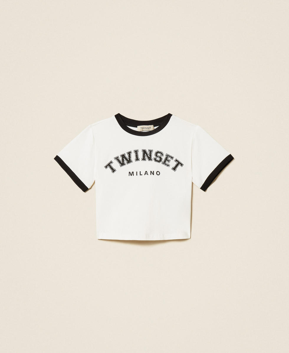 T-shirt regular avec imprim&eacute; sigl&eacute; Bicolore Blanc Cass&eacute;/Noir Fille 261GJ2253_10973_S0