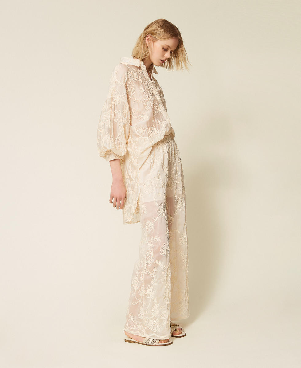 Pantalon en mousseline avec broderie Cornely Blanc Parchemin Femme 261LB2UCC_00461_02