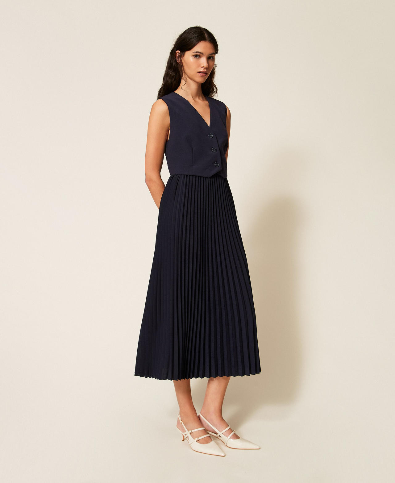 Vestido largo de efecto chaleco con plisados Azul claro Mujer 261TE2111_13172_02