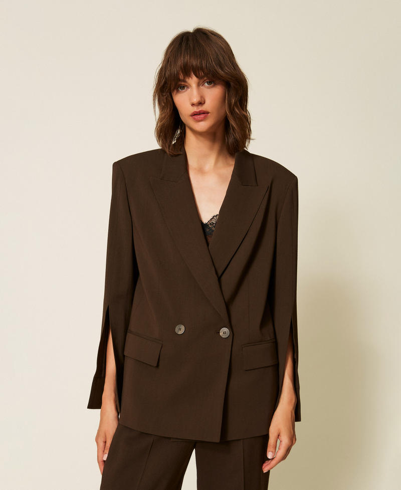Blazer en serg&eacute; avec fentes Marron Darkness Brown Femme 262TP268A_13411_04