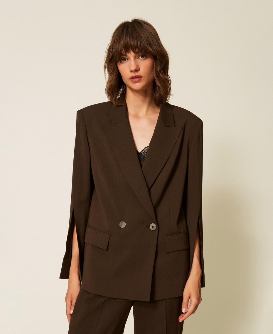 Blazer en serg&eacute; avec fentes Marron Darkness Brown Femme 262TP268A_13411_04