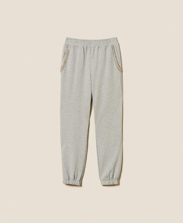 Брюки из футера со стразами и жемчугом