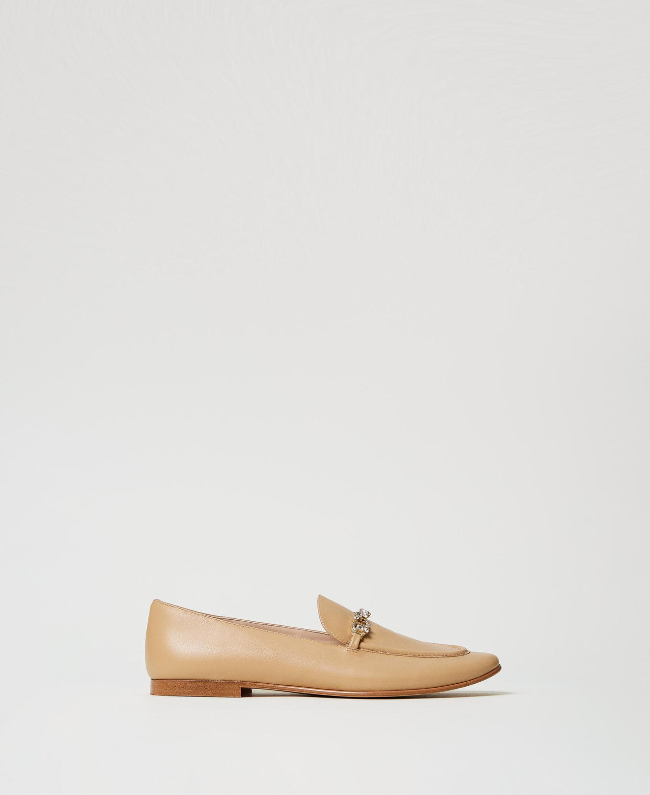 Leather loafers with rhinestone Oval T Camel Woman 251TCP134_00044_01