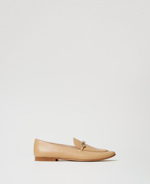 Leather loafers with rhinestone Oval T