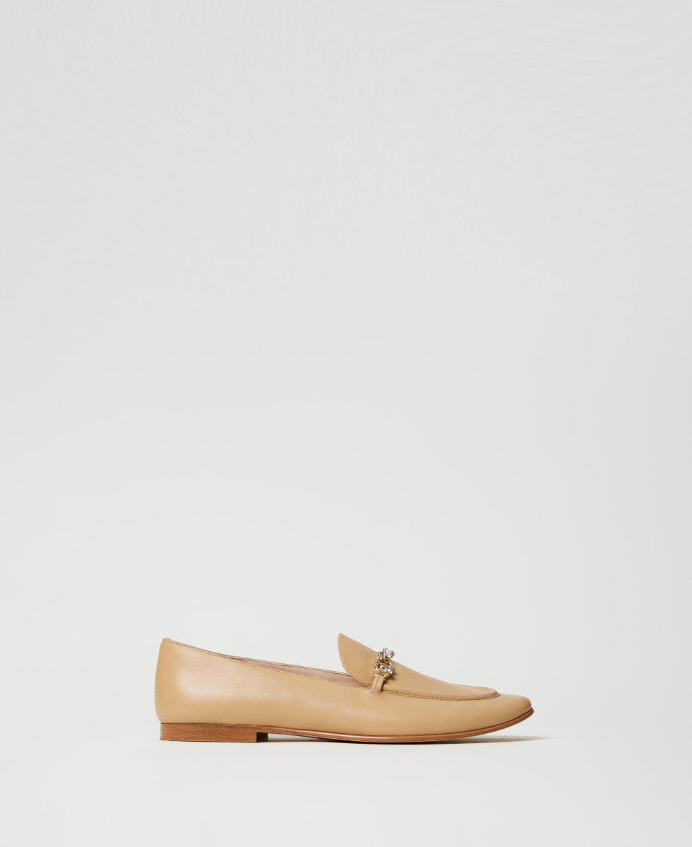 Leather loafers with rhinestone Oval T
