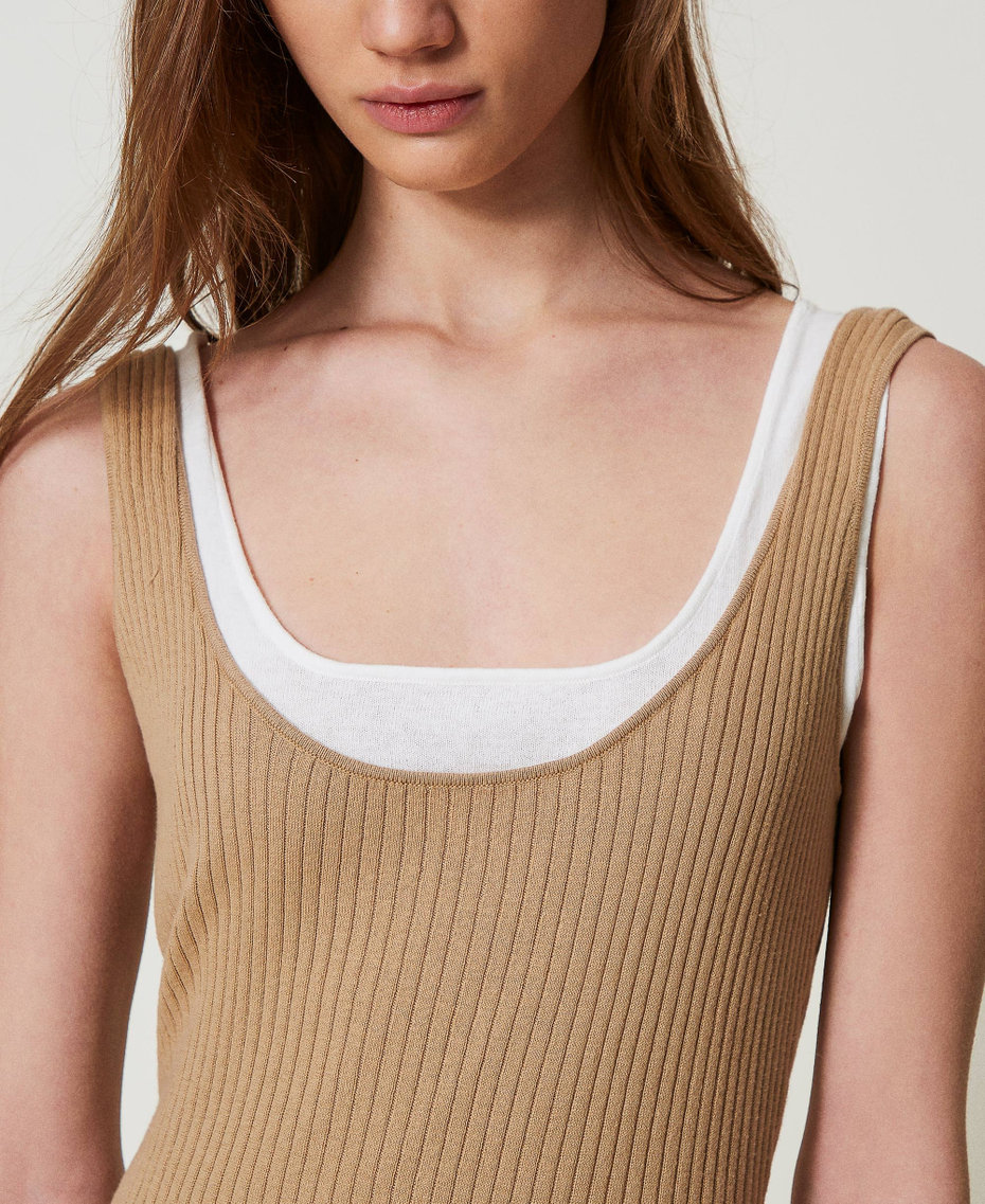 Long trompe-l'œil fitted knit dress Two-tone Rope Beige/Snow Woman 251TE3014_12292_04