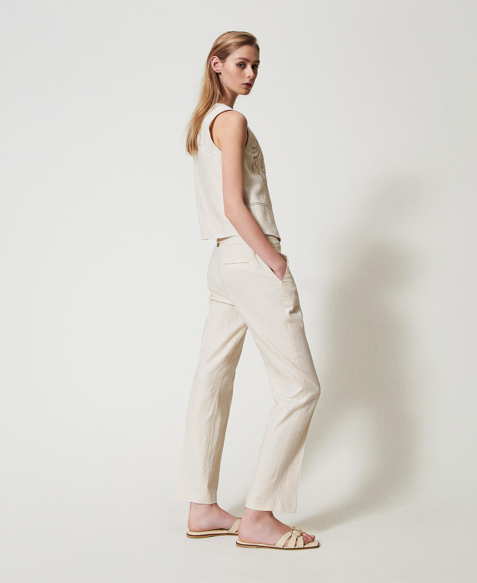 Pantalon taille basse en lin m&eacute;lang&eacute; Nacre Femme 251TP2168_00059_02
