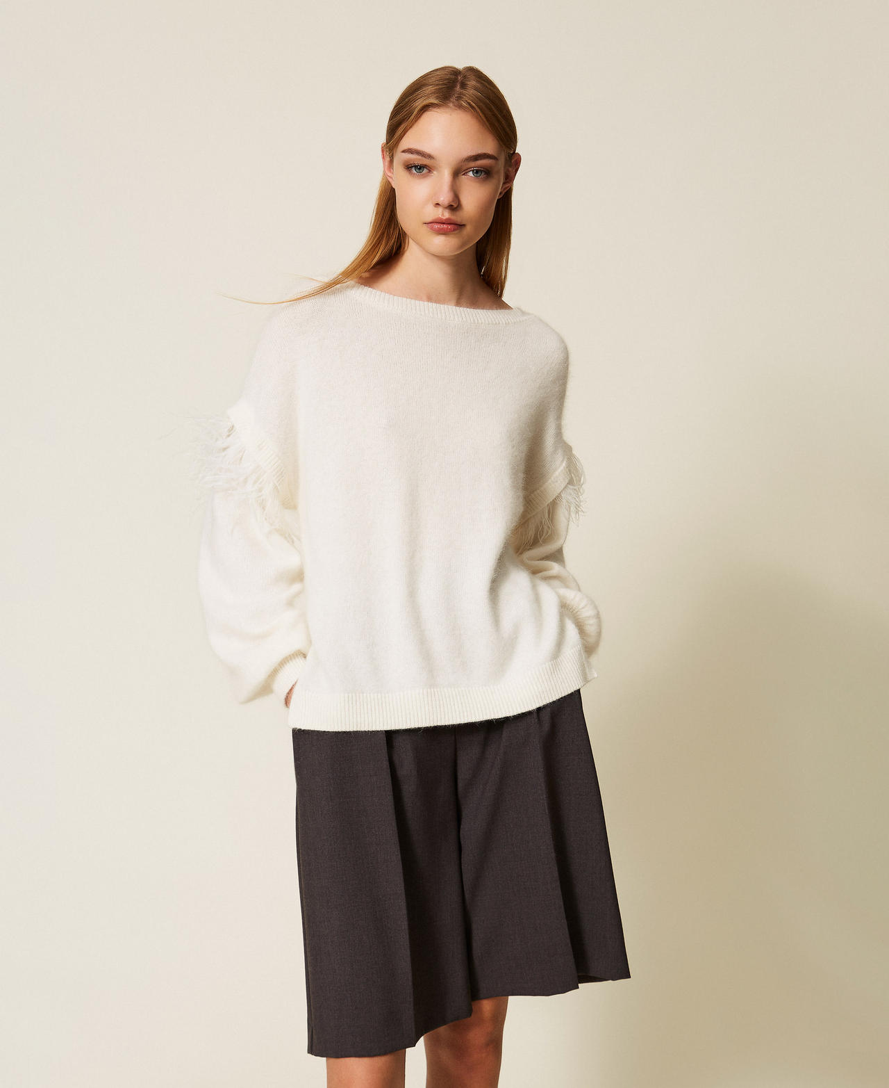 Angora blend jumper with feathers White Snow Woman 252TT3185_00282_02