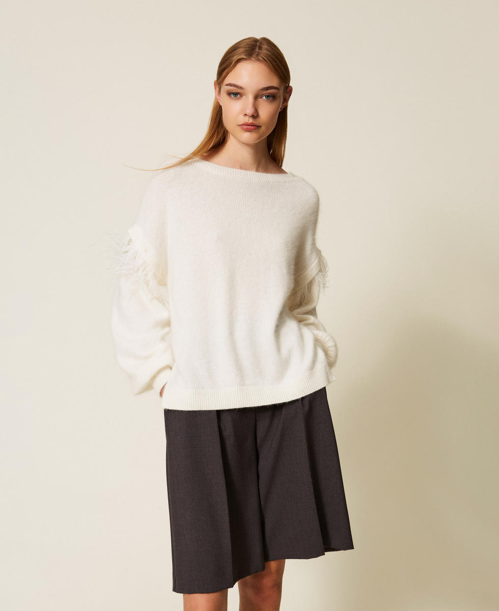 Pull en angora m&eacute;lang&eacute; avec plumes Blanc Neige Femme 252TT3185_00282_02
