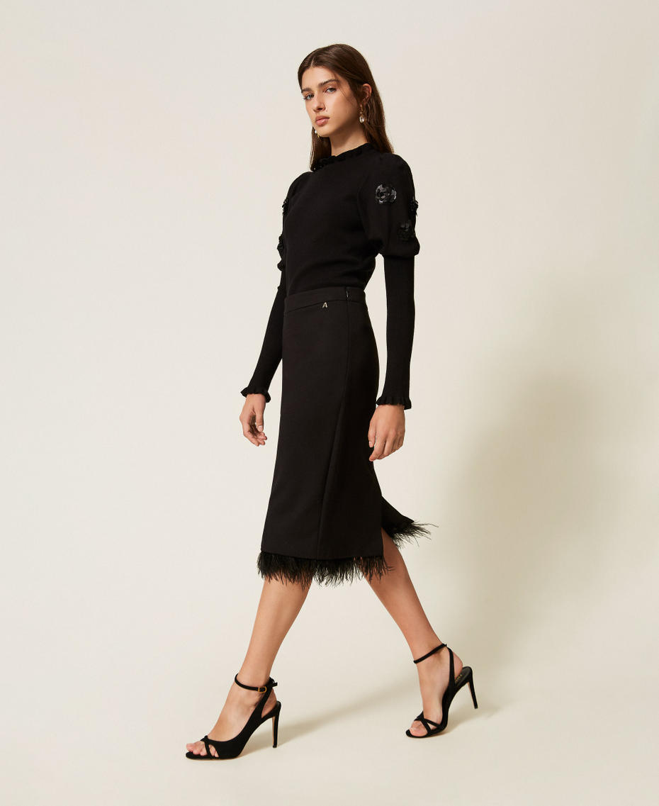 Falda midi con plumas Negro Mujer 262AT2140_00006_PA