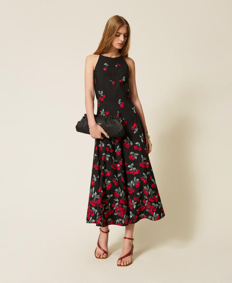 Long poplin dress with cherry print Black/Red Cherries Degrad&egrave; Woman 261TT2591_13502_T0