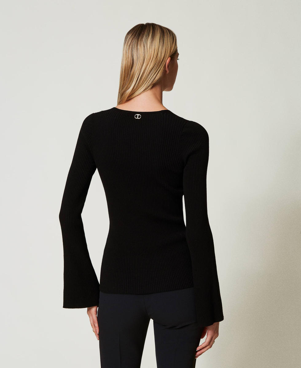 Maglia fitted a costine con incrocio Nero Donna 242TT3023_00006_03