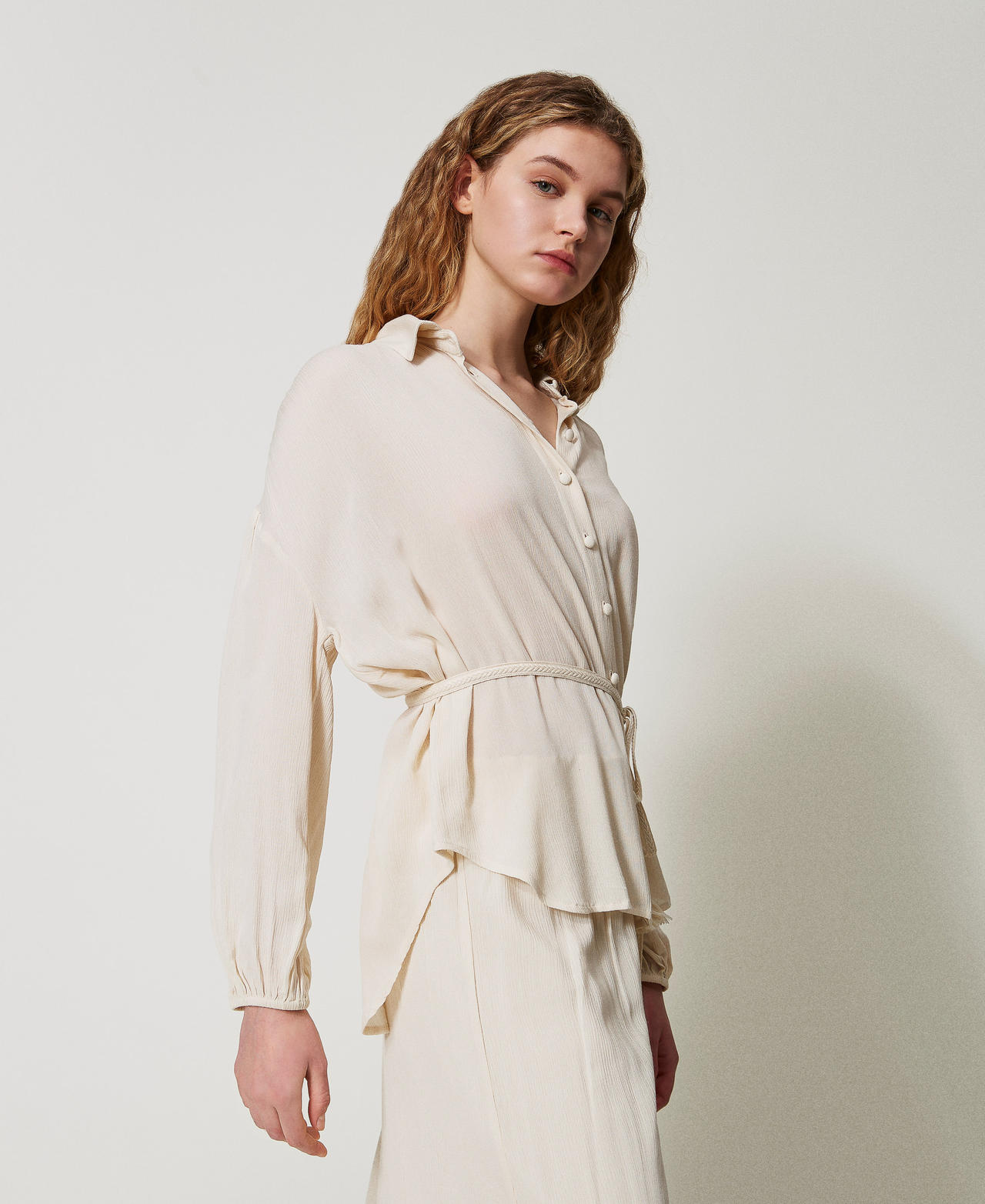 Crepon shirt with belt Almond Beige Woman 251LM2GEE_12363_02