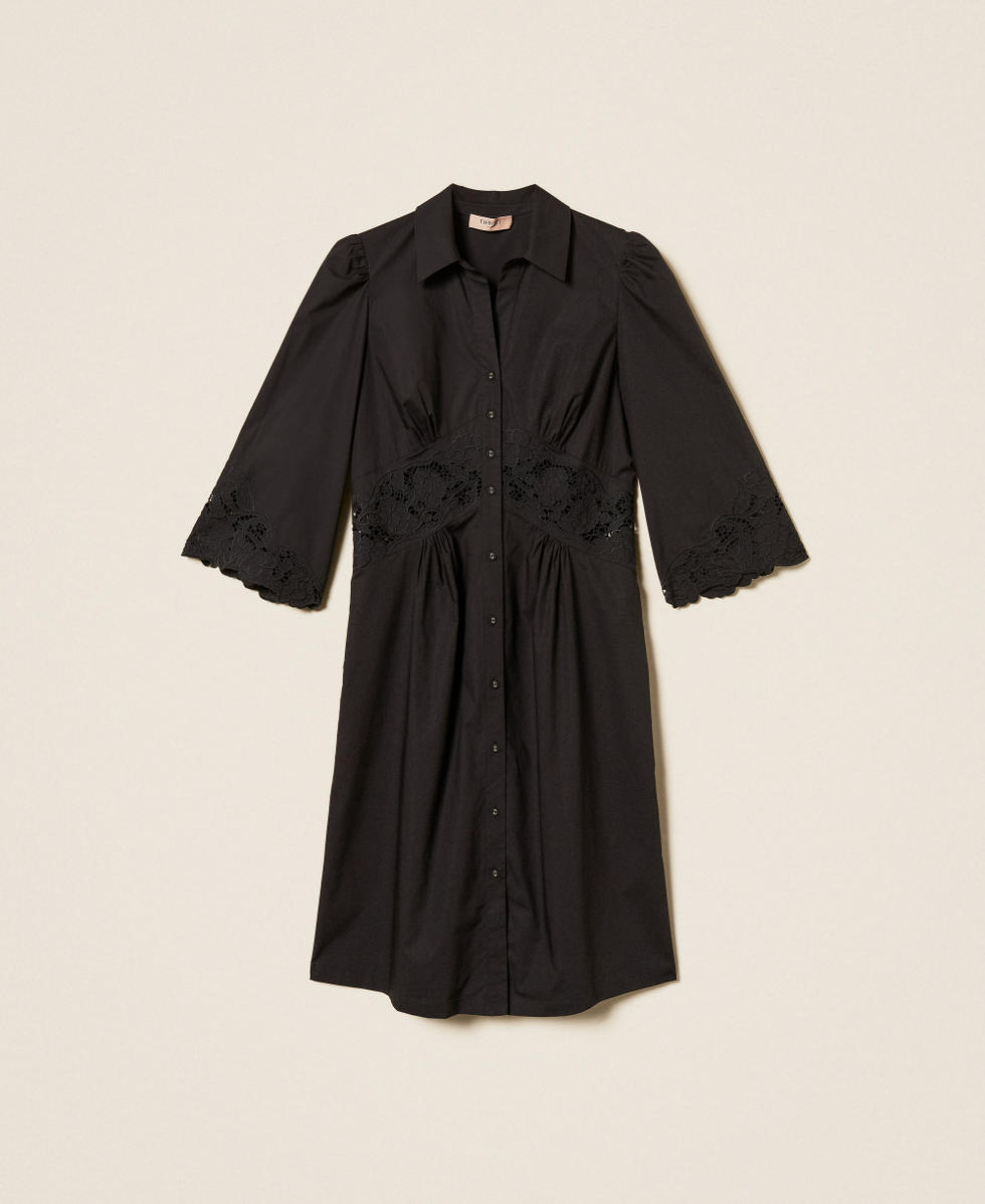 Robe midi en popeline et broderie anglaise Noir Femme 261TT2034_00006_S0