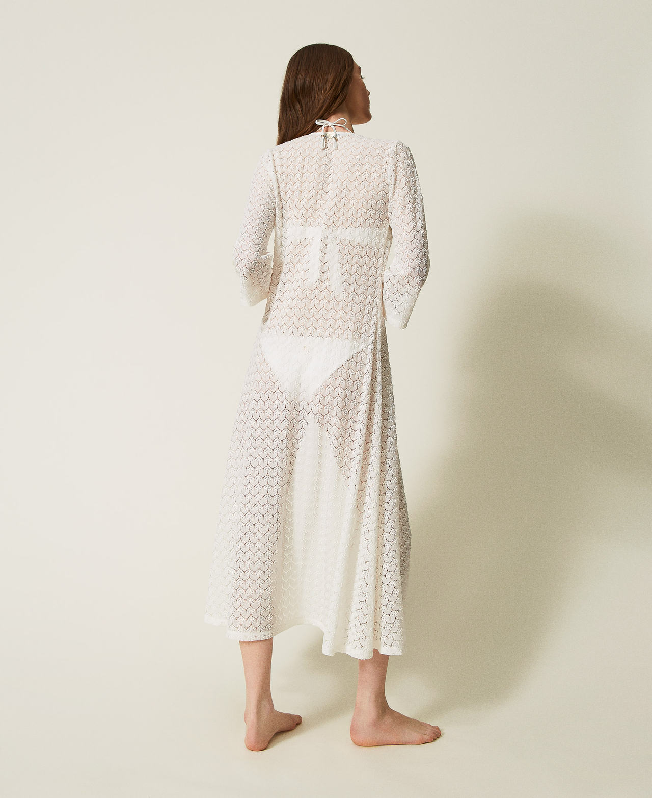 Long fitted crochet kaftan Sugar White Woman 251LM2HDD_00632_03