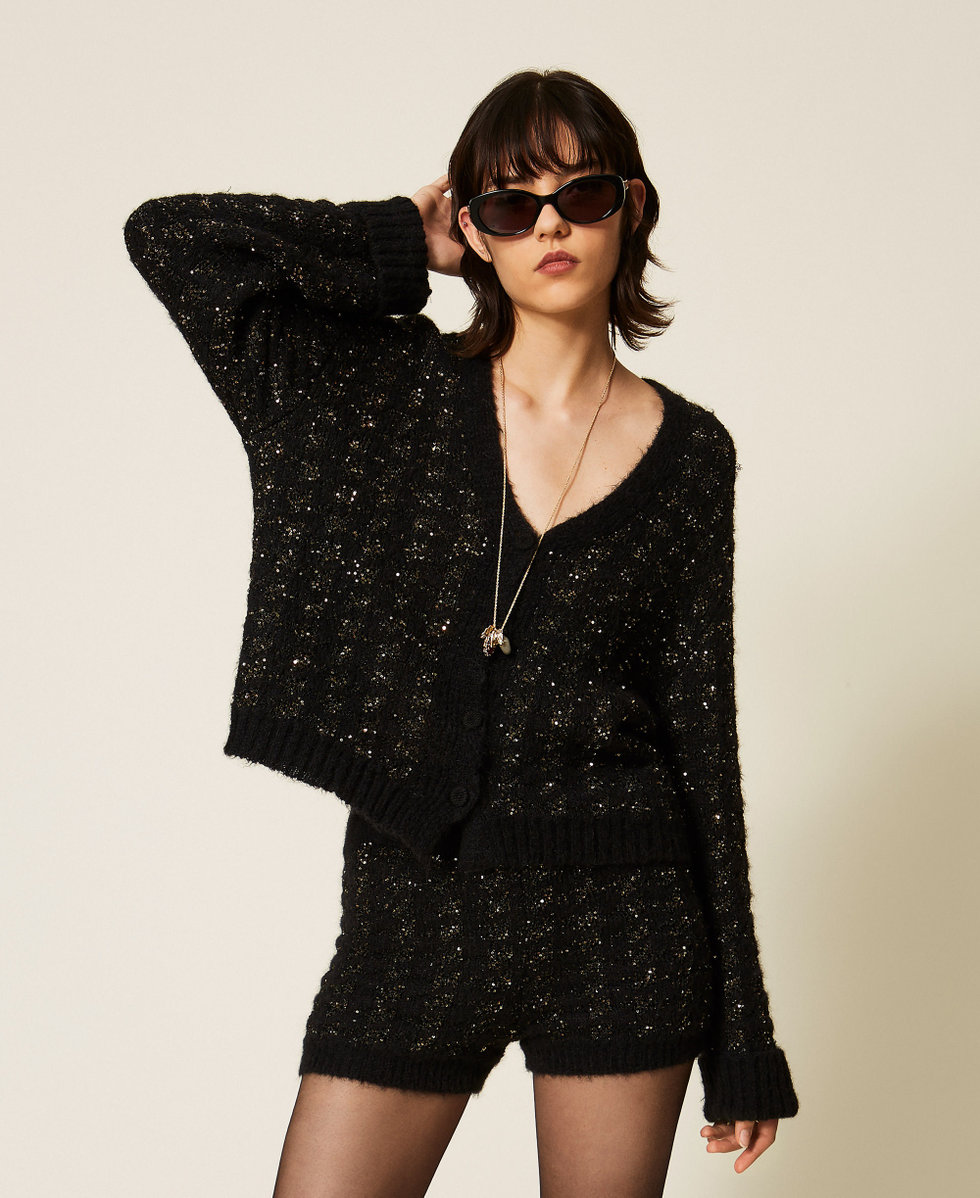Cardigan aus Jacquard-Strick mit Hahnentrittmuster Schwarz / Schwarz-Gold Frau 262TP3360_13926_01