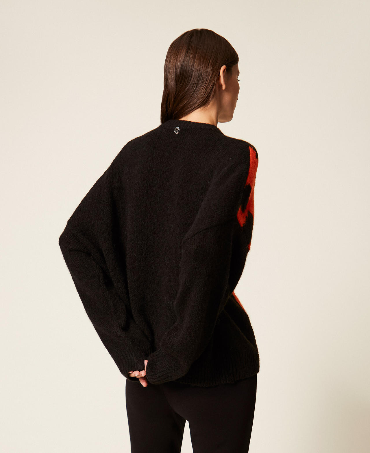 Crew neck jumper with inlay Black/Orangeade Flowers Woman 252AT3113_12976_03
