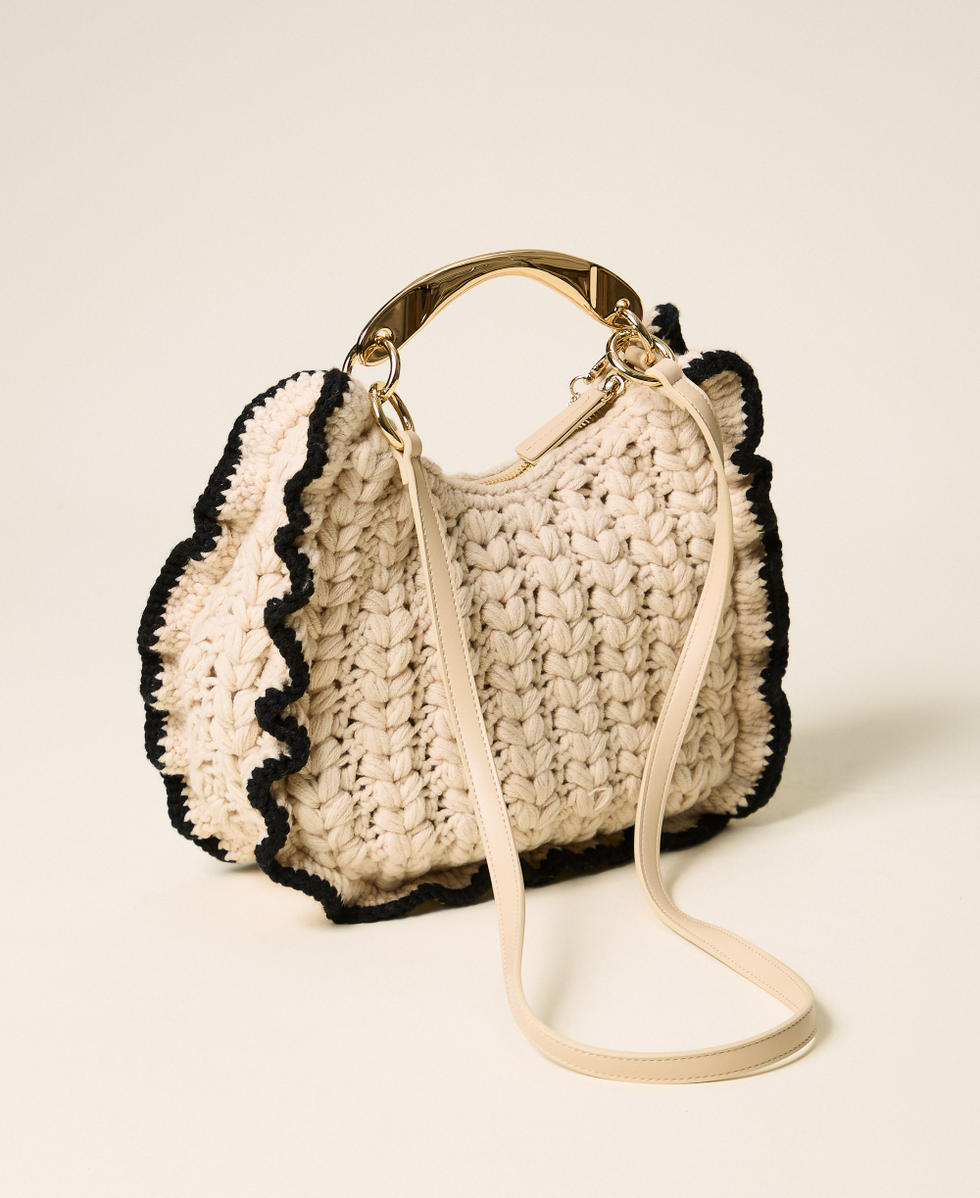 Borsa Croissant in maglia crochet Bicolor Beige "Parchment" / Nero Donna 262TB7290_13842_03
