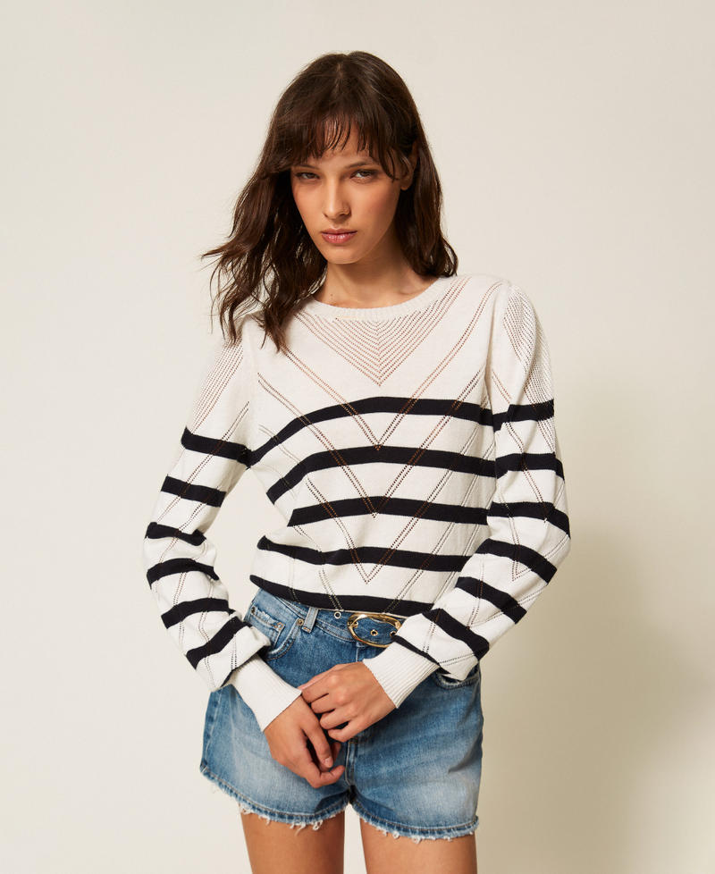 Maglia girocollo in cotone e cashmere a righe Riga Bianco "Neve" / Blue Night Donna 261TP3230_13382_01