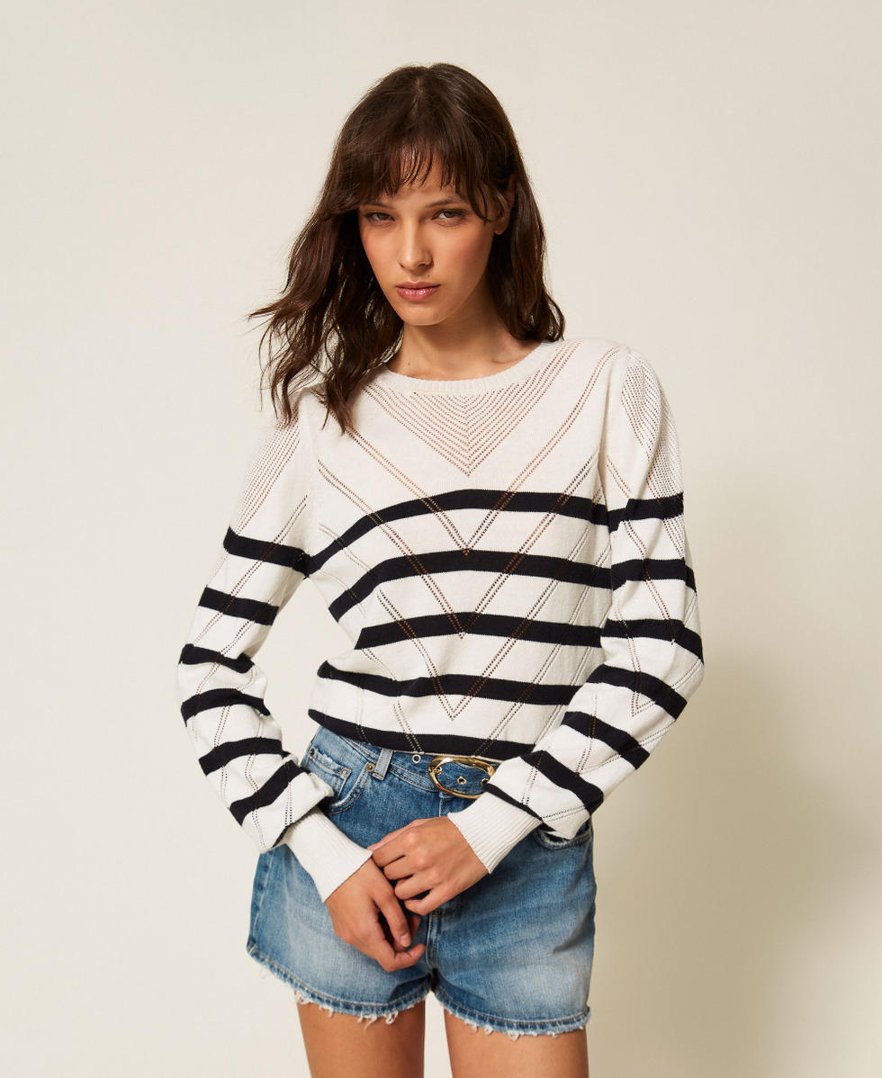 Pull ras-du-cou en coton et cachemire avec rayures Rayure Blanc &laquo;&nbsp;Neige&nbsp;&raquo;/Bleu Nuit Femme 261TP3230_13382_01
