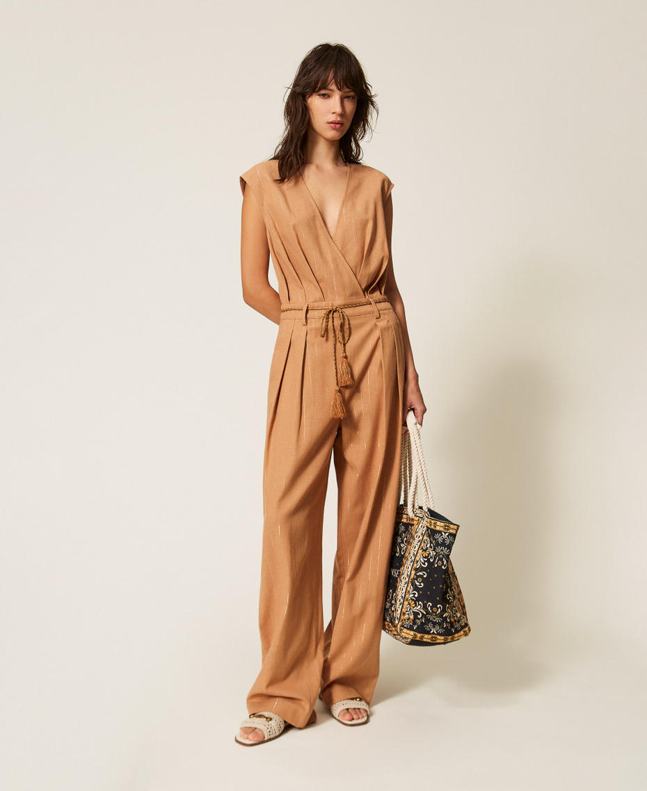 Pinstriped linen blend jumpsuit "Hazelnut” Brown Woman 261LB2QDD_10282_01
