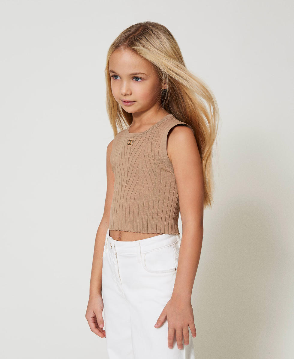 Rib knit top with Oval T Beige Hemp Girl 251GJ3404_00310_01