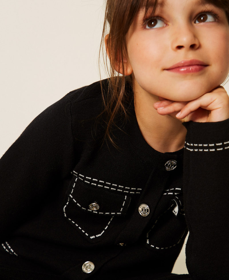 Knitted jacket with stitching Black/"Snow" White Stitching Girl 262GJ3020_13894_04