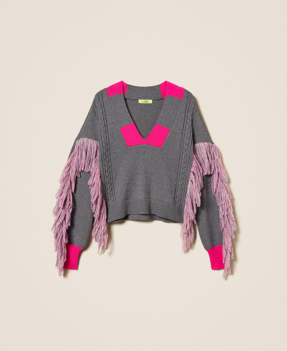 MYFO jumper with fringes and cable knit details Two tone Mid Grey Melange/Fluorescent Pink Woman 252AQ3030_13016_S0