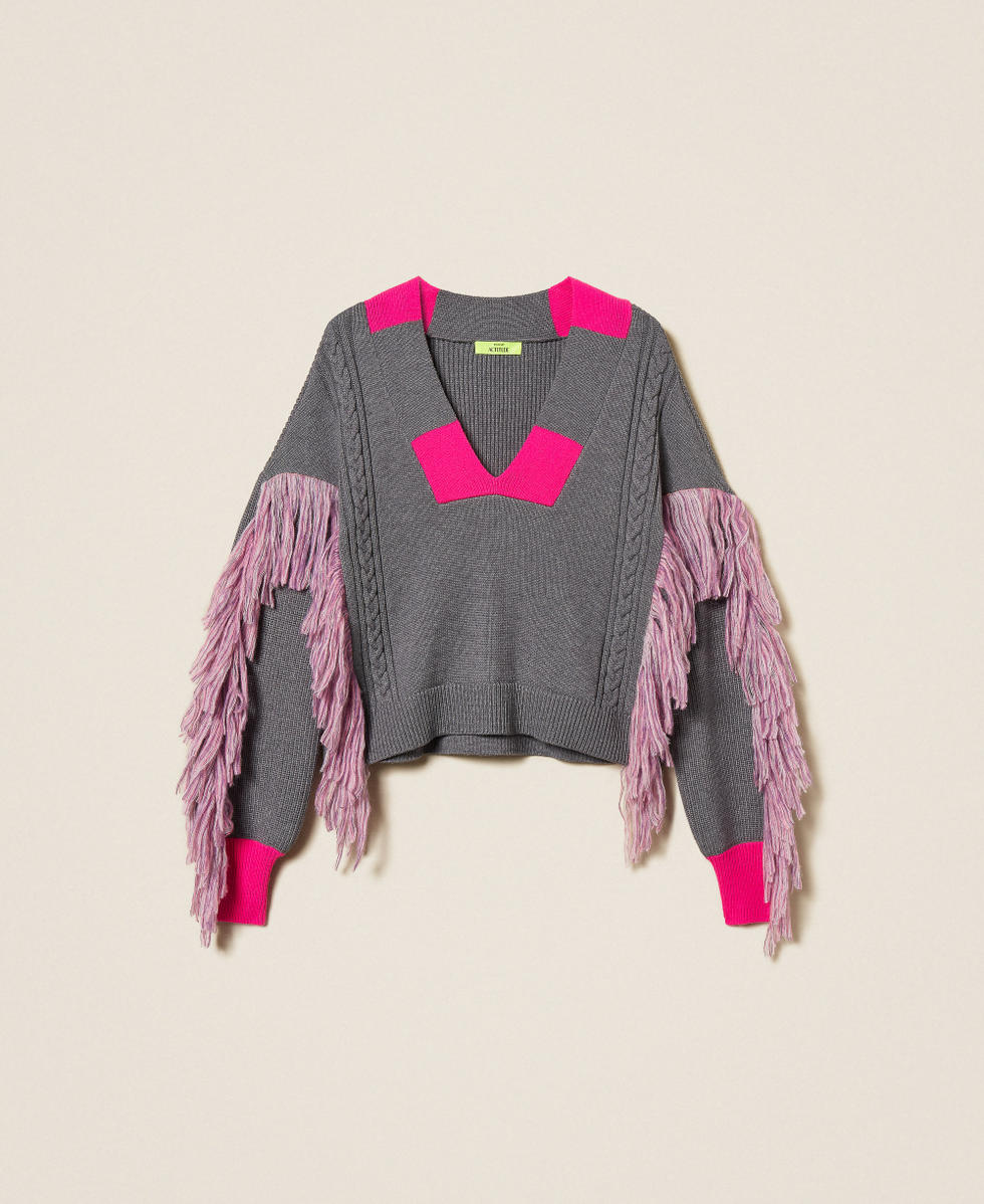 Pull MYFO avec franges et torsades Bicolore Gris Moyen Chiné/Rose Fluo Femme 252AQ3030_13016_S0