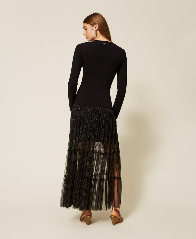 Langes Strickkleid mit Plumetis-T&uuml;ll Schwarz Frau 262TT3423_00006_03