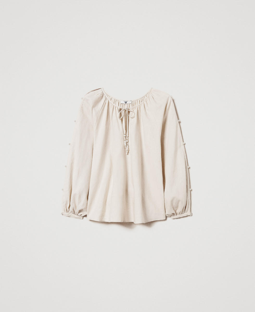 Linen-blend blouse with pearls Almond Beige Woman 251LM2QFF_12363_S0