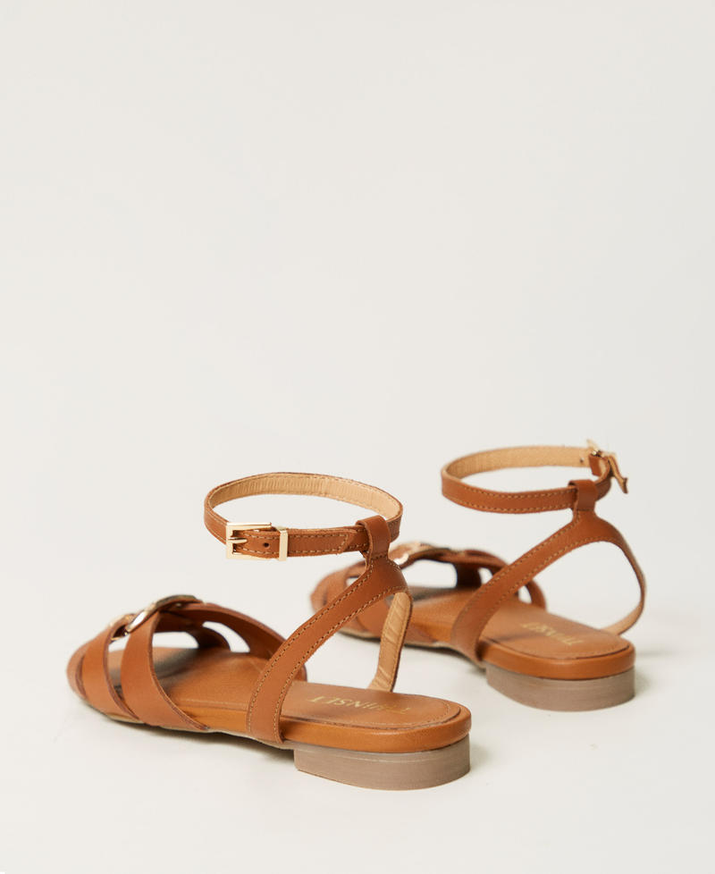 Leather sandals with Oval T Leather Brown Girl 251GCJ04A_00057_03